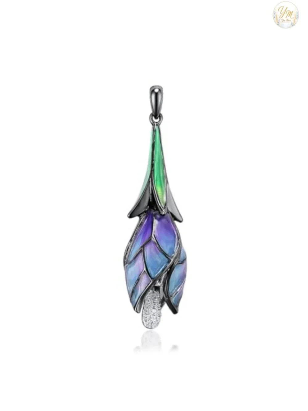 925 Sterling Silver Handmade Enamel Tulip Flower Pendant with Cubic Zirconia